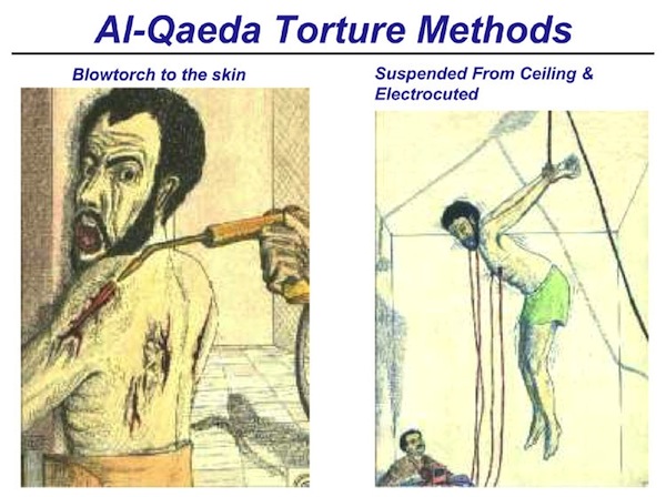 Image: raid on an al-Qaeda safe house in Iraq, U.S. military officials recovered an assortment of crude drawings depicting torture methods like 'blowtorch to the skin' and 'eye removal.' Along with the images. http://www.thesmokinggun.com/documents/crime/torture-al-qaeda-style