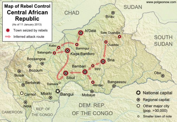 Advance of Séléka rebels in the Central African Republic during December 2012 and January 2013.