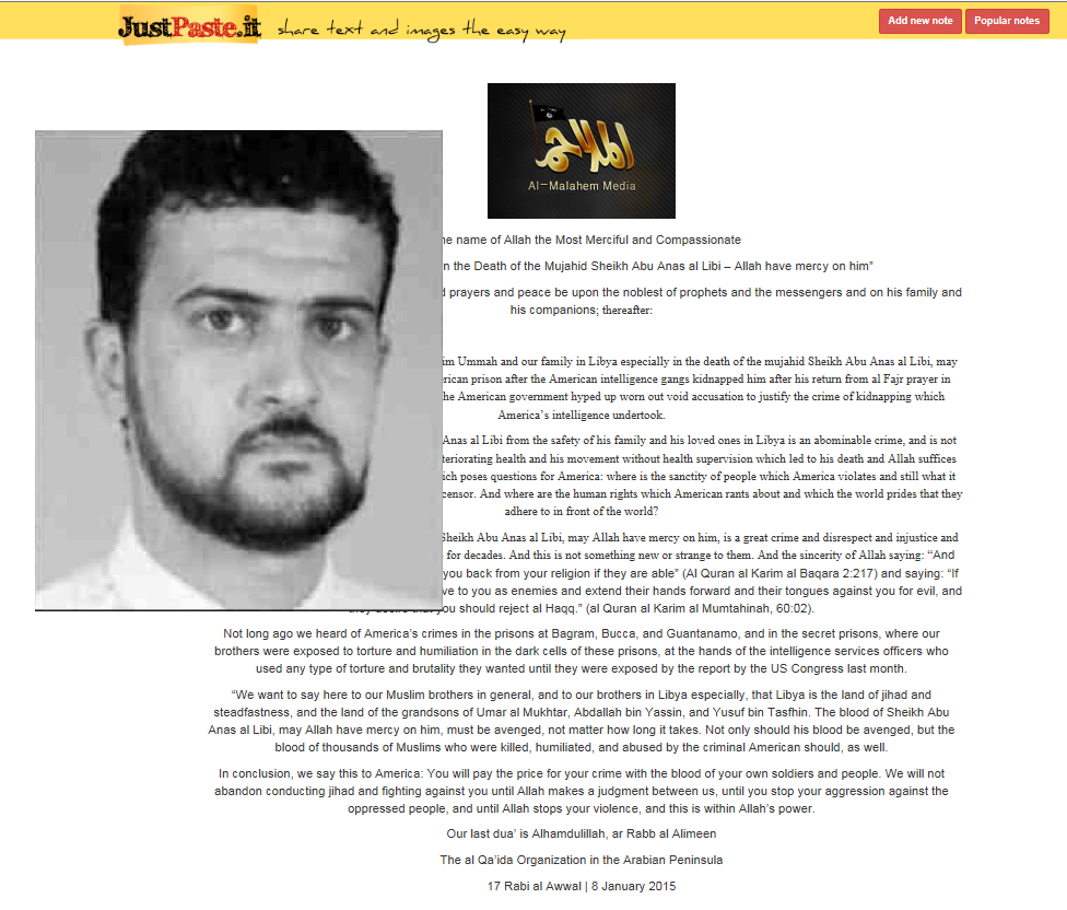 AQAP statement on Abu Anas al-Libi - iBRABO