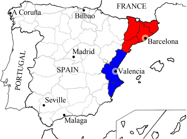 Map-of-Spain-with-Catalonia-red-and-Valencia-blue-highlighted