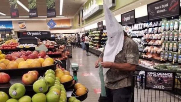 Man wearing makeshift Ku Klux Klan hood was photographed by a fellow shopper 05/02/2020 at the Santee Vons store.
