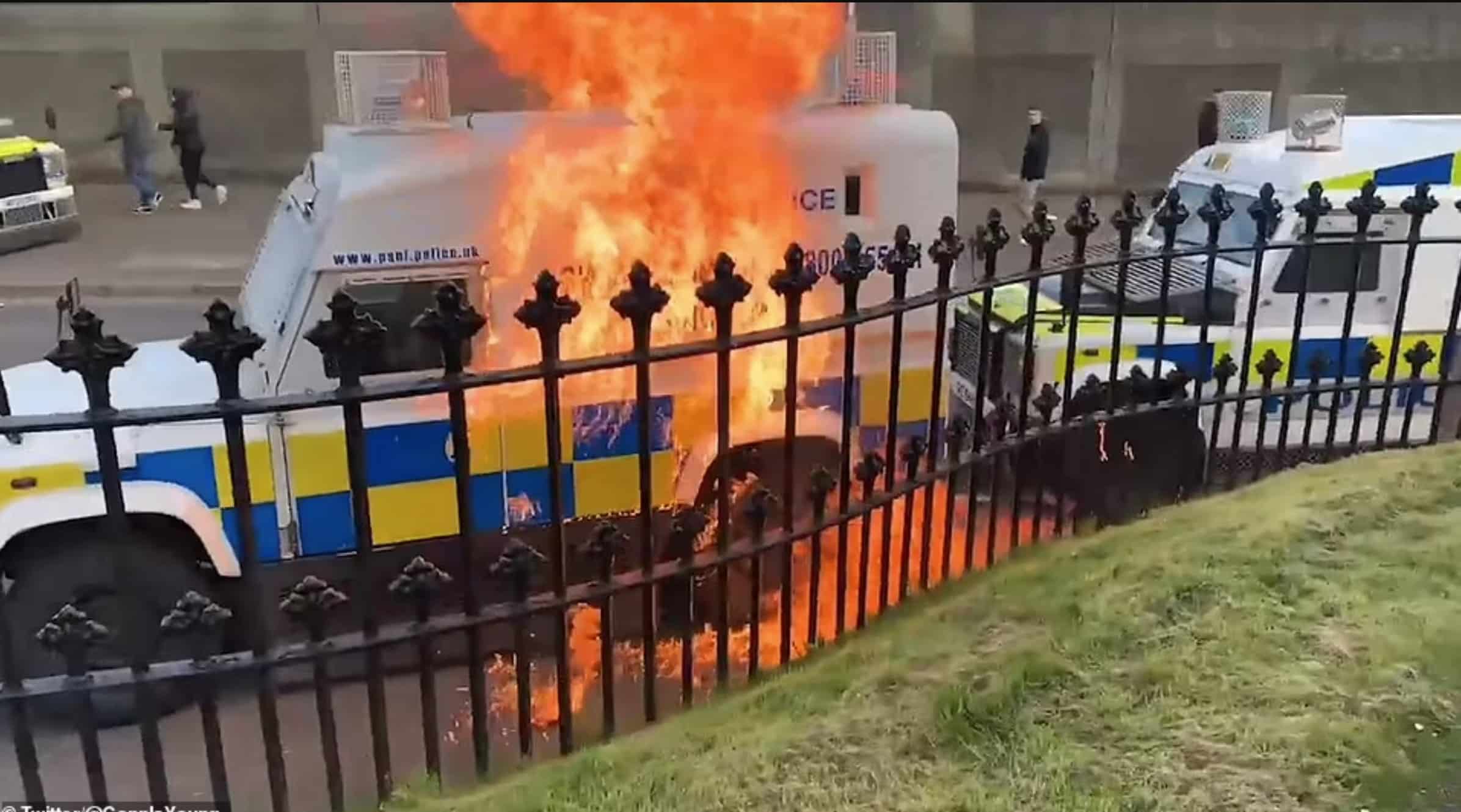 Thugs Target Police Vans With Threw Petrol Bombs in Londonderry, Northern Ireland, United Kingdom - 18 April 2022