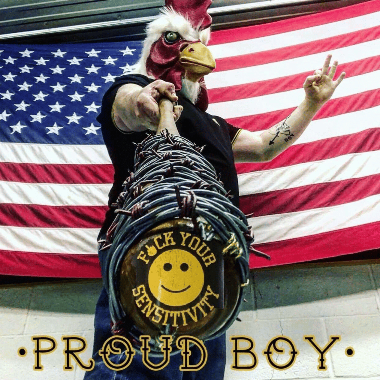 Proud Boys Circulate Photo Proud Boy in Rooster Mask With Baseball Bat Wrapped in Barbed Wire