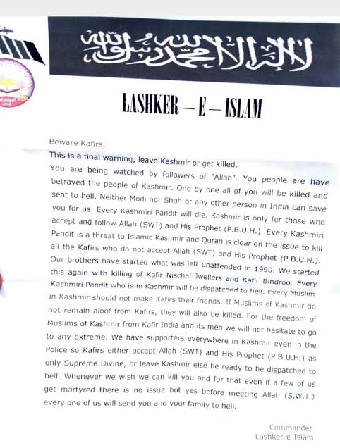 Lashkar-E-Islam (LeI) Threatens Kashmiri Hindu Pandits in Kashmir, Jammu & Kashmir