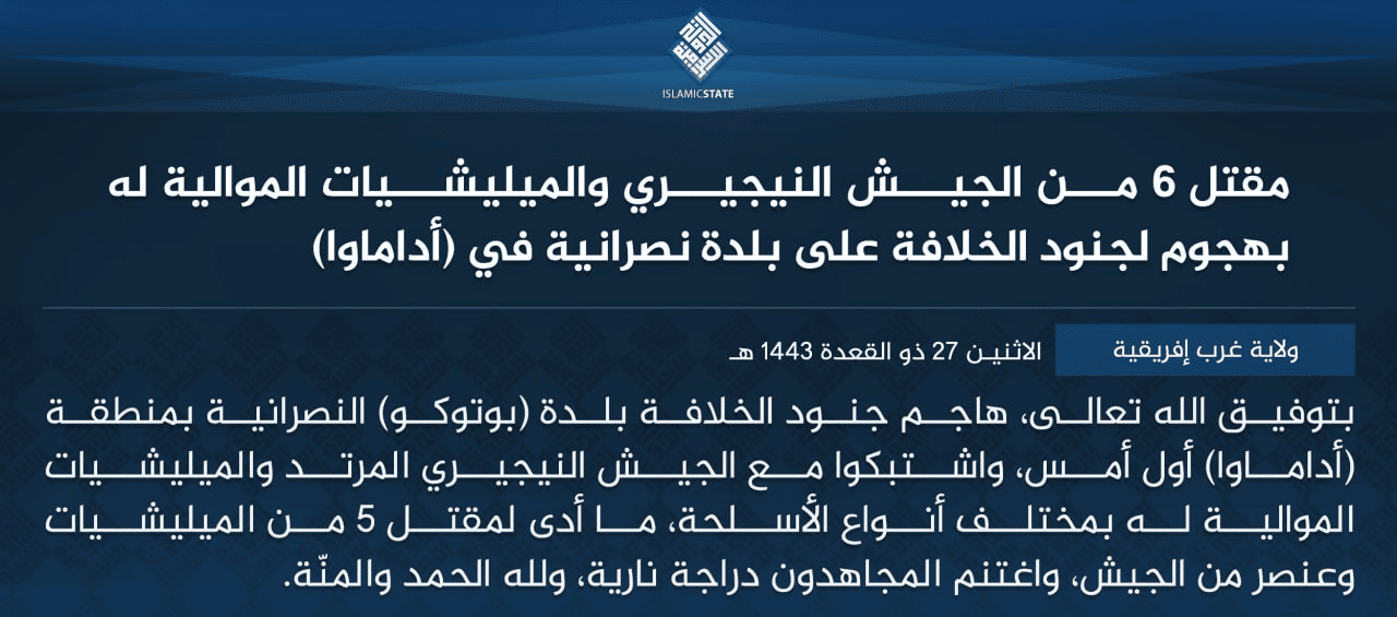 (Claim) Islamic State West Africa (Wilayat Gharb Ifriqiyah/ISWA): Militants Killed 5 Nigerian Army Members and a Pro-Government Militiaman in the Christian Town of Butokbi, Adamawa State, Nigeria - 26 June 2022