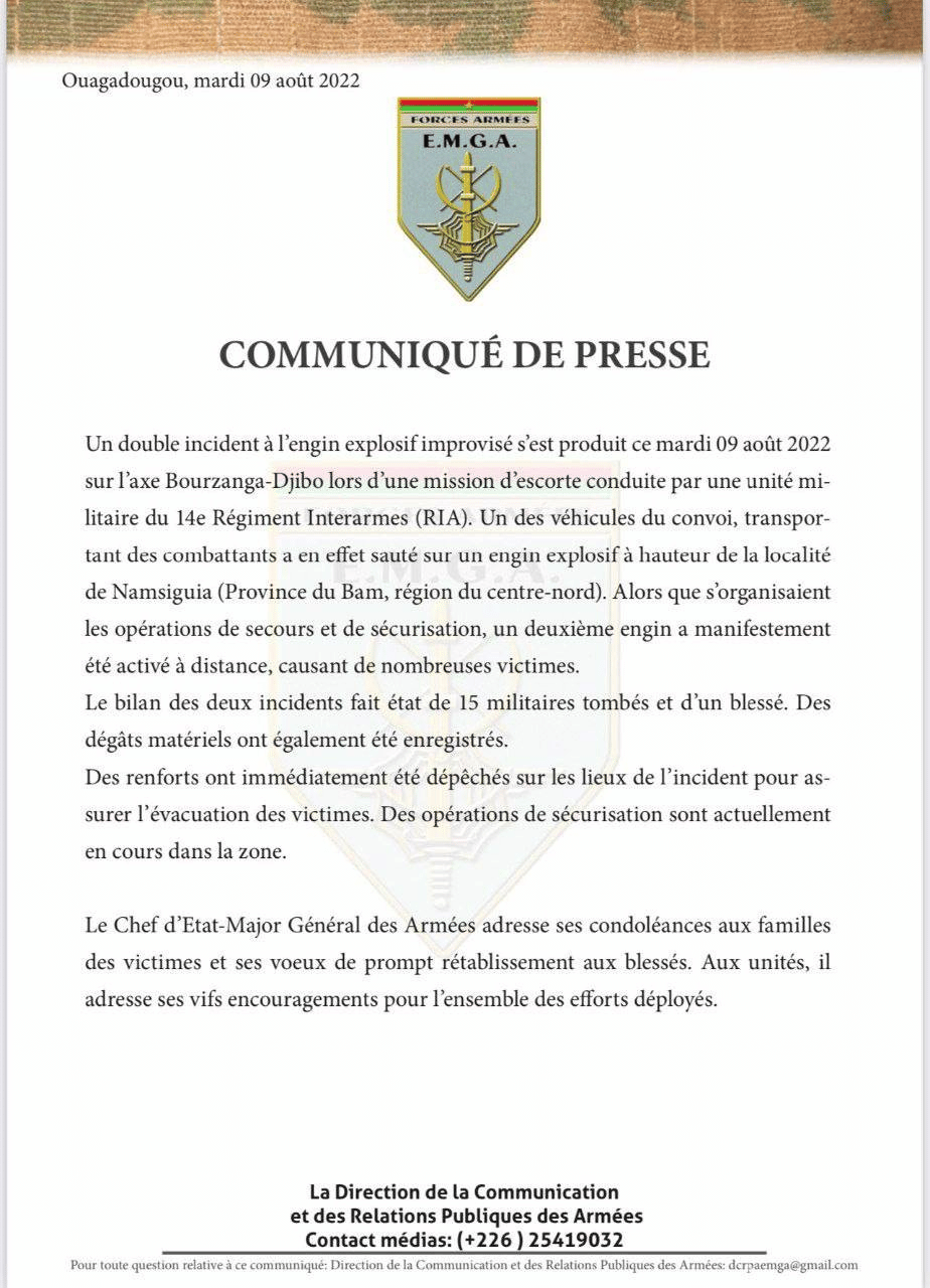 On 9 August 2022, at least 15 soldiers were killed on a rural road near Namsiguia Department, Bam Province, Burkina Faso when a military transport vehicle drove over an IED. A second explosion killed the people who came to help.