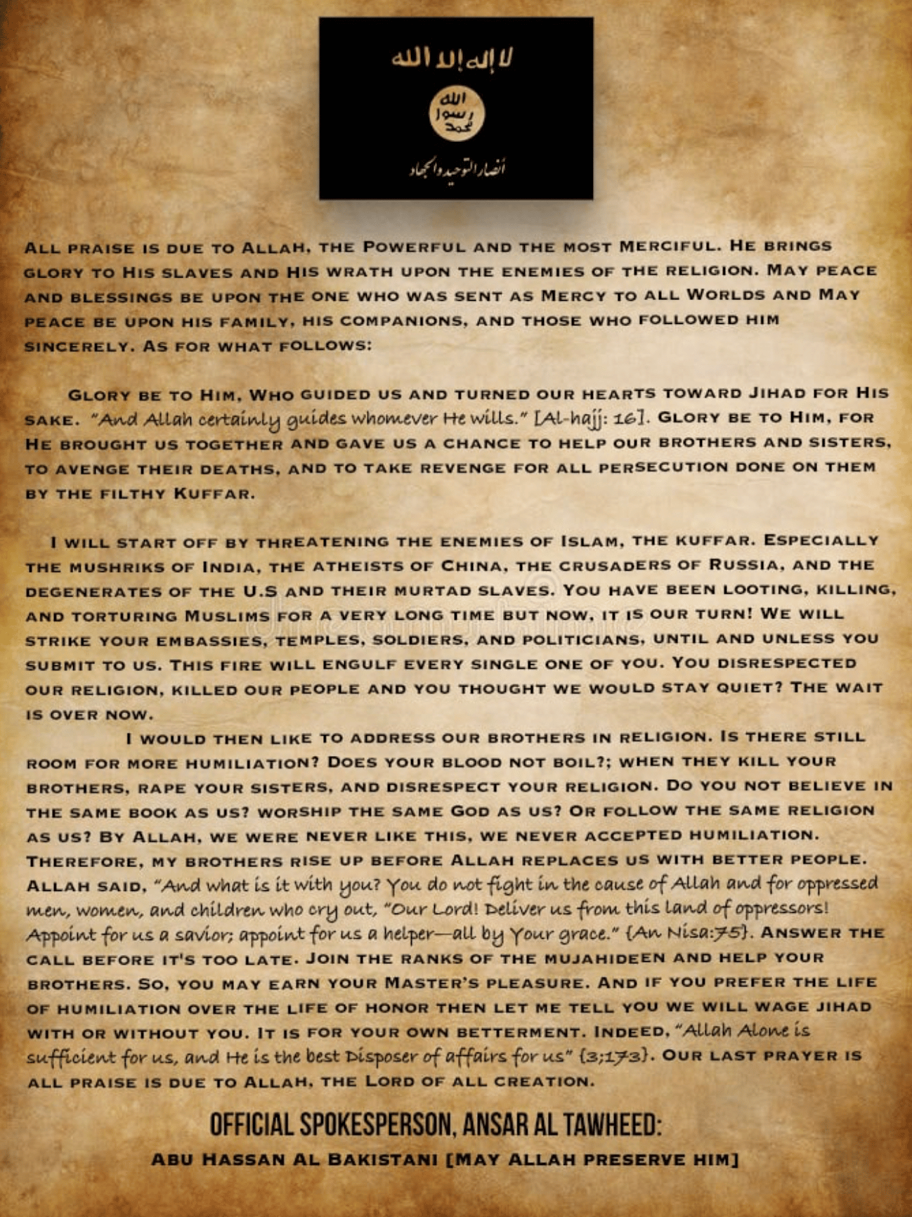 Ansar al Tawhed Spokesman Abu Hassan Al Bakistani [Pakistani] "Message To Kufaar" Threatening India, China, and Russia - 21 October 2022