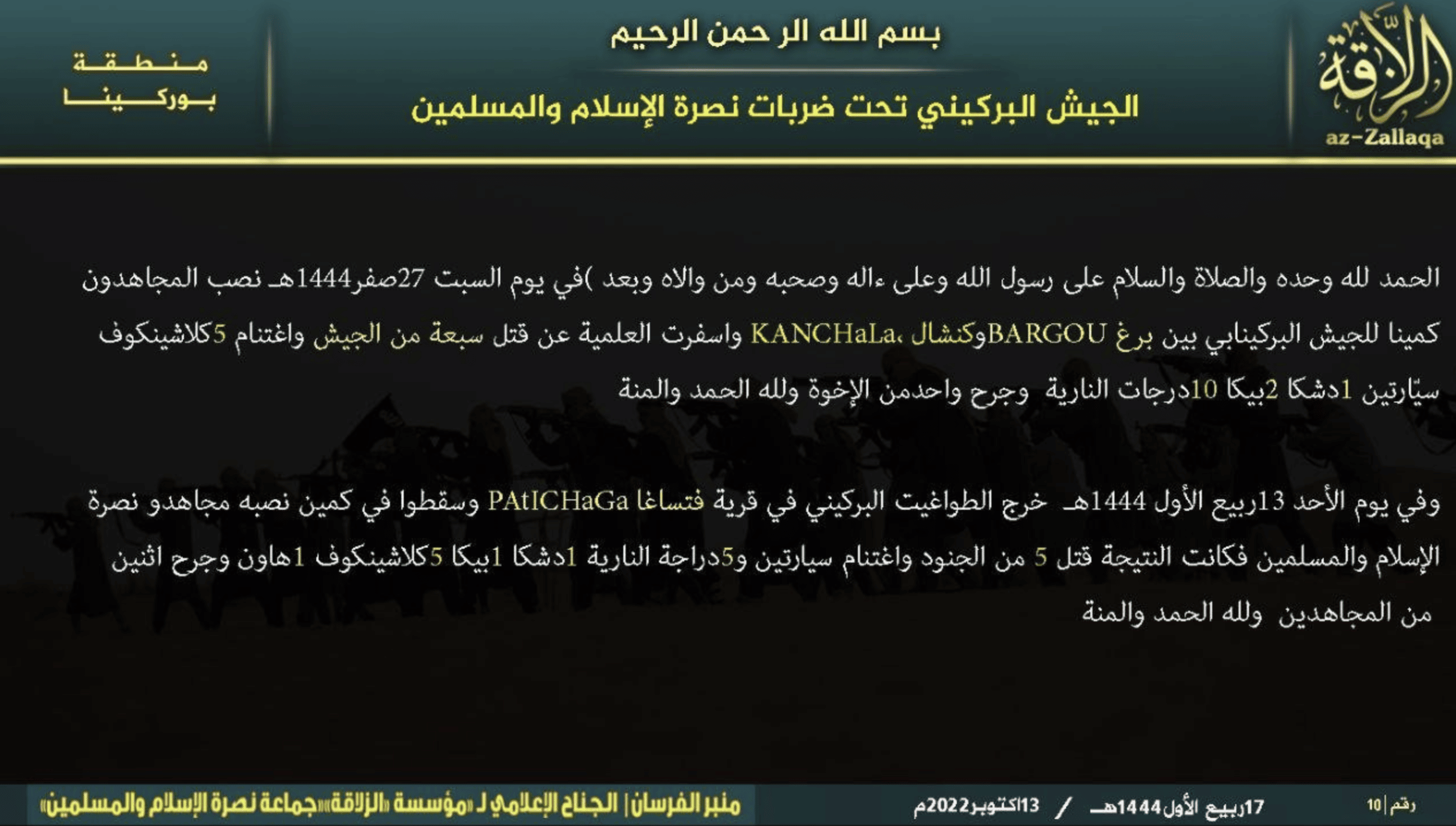 Jama’a Nusrat ul-Islam wa al-Muslimin (JNIM) Ambush on Security Forces Between Bourgou and Kanchala As Well As Fatsaga, Manni Department, Gnagna Province, Est Region, Burkina Faso