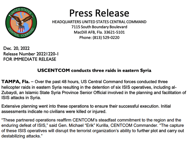 (Statement) The United States Forces Central Command Conducts Three Helicopter Raids, Detaining Six Islamic State (IS) Operatives, in Eastern Syria – 20 December 2022