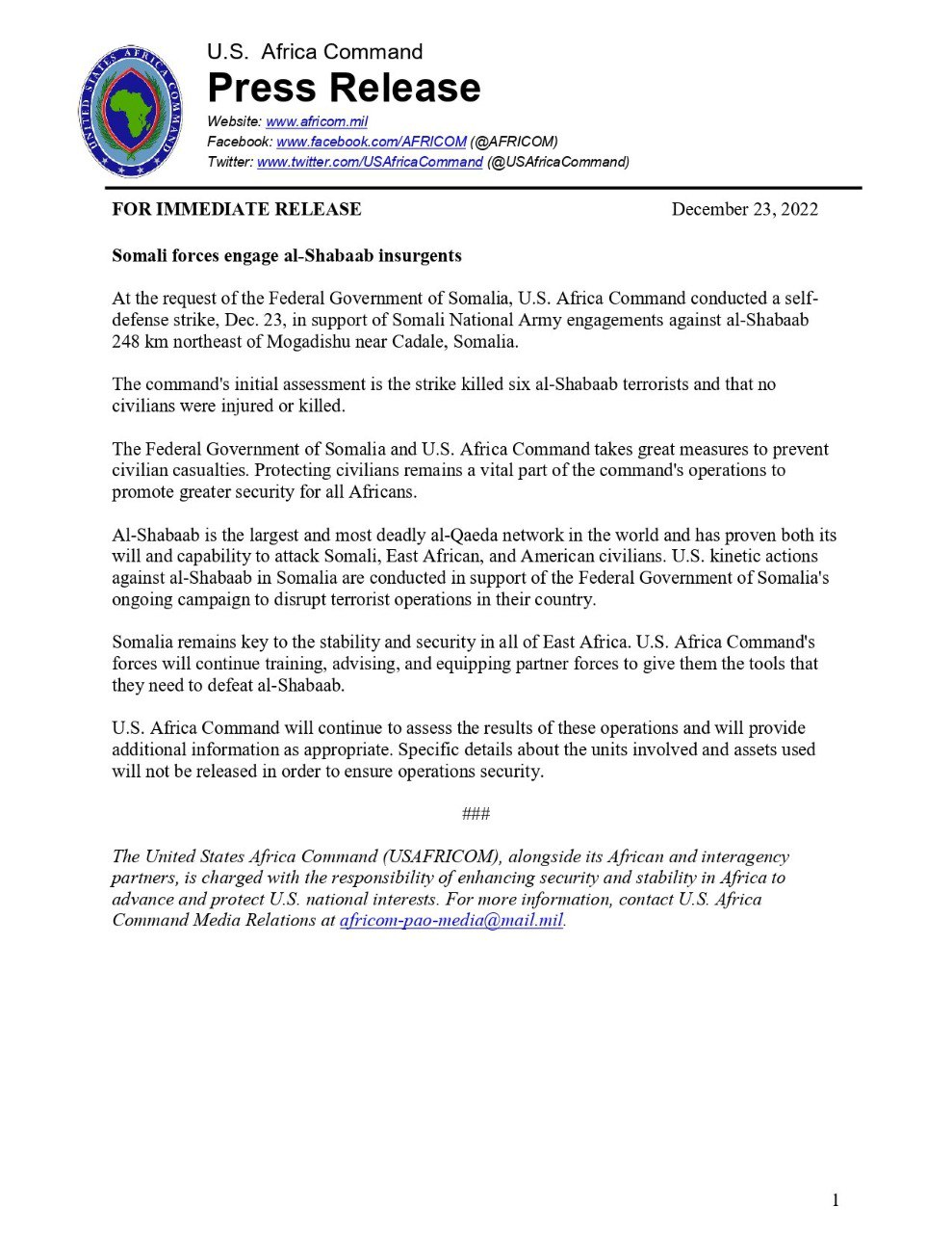 (Statement) United States Military Announced the Elimination of Six al-Shabaab Militants in Adele, Middle Shabelle Province, Somalia - 23 December 2022
