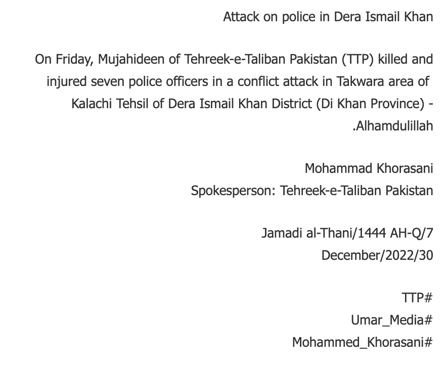 (Claim) Tehreek-e-Taliban Pakistan (TTP) Militants Armed Assault on the Pakistani Police, Killing & Injuring 7, in Takwara Area, ​​Kulachi Tehsil, Dera Ismail Khan District, Khyber Pakhtunkhwa, Pakistan - 30 December 2022