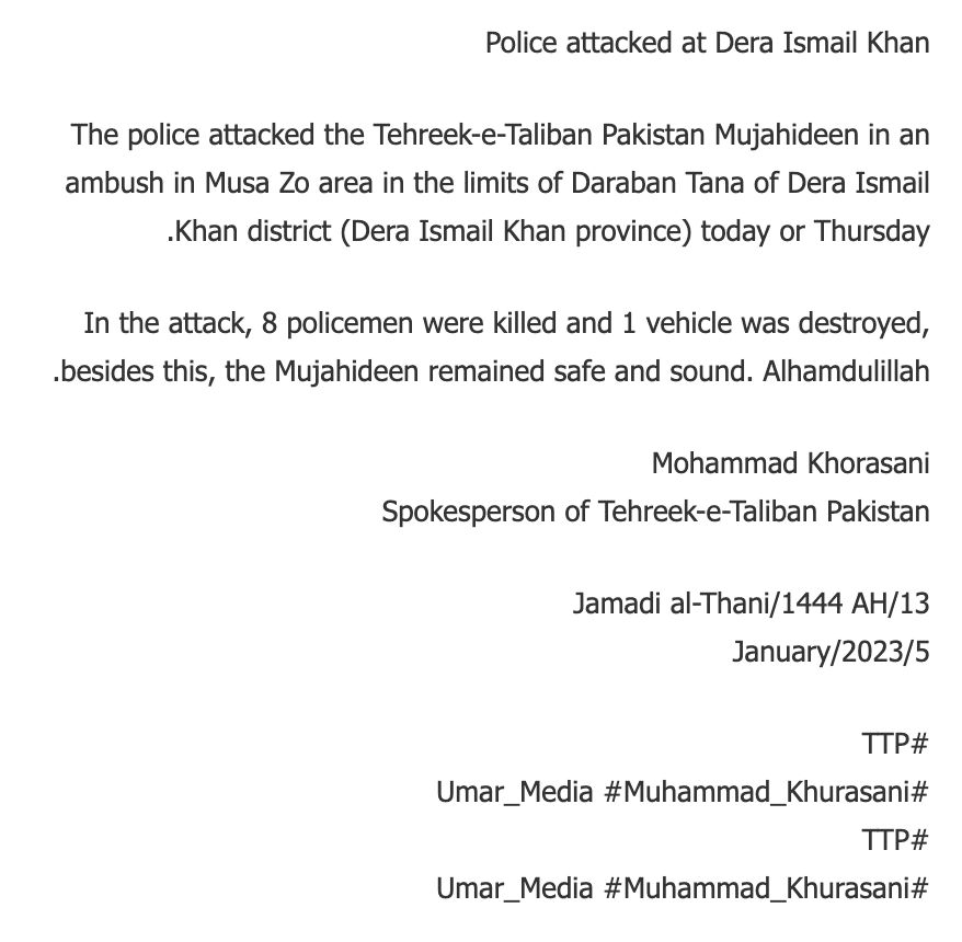 (Claim) The Pakistani Police Ambushed Tehreek-e-Taliban Pakistan (TTP) Militants; 8 Policemen were Killed in the Retaliation Fire, in Musa Zo Area,Daraban Tana, Dera Ismail Khan District, Khyber Pakhtunkhwa, Pakistan - 5 January 2023