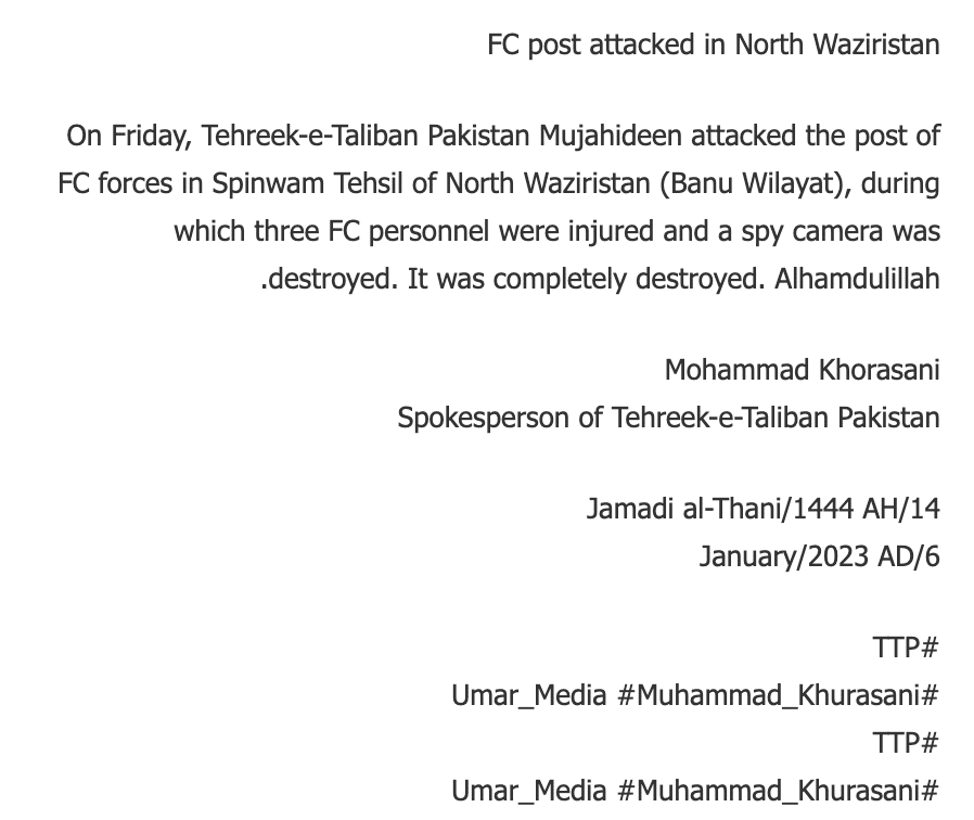 (Claim) Tehreek-e-Taliban Pakistan (TTP) Militants Armed Assault on a FC Post, Injuring Three & Destroying a Thermal Camera, in Spinwam Tehsil, North Waziristan District, Khyber Pakhtunkhwa, Pakistan - 6 January 2023
