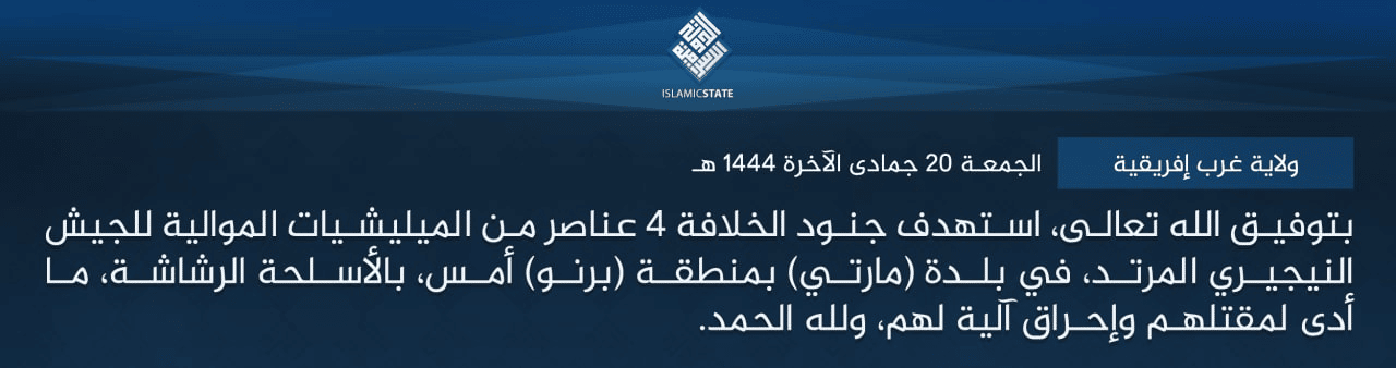 Islamic State West Africa (ISWA/Wilayat Gharb Afriqiyah) Armed Assault Kills 4 "Members of the Militia" Loyal to the Army and Raze a Vehicle in Marte LGA, Borno State, Nigeria