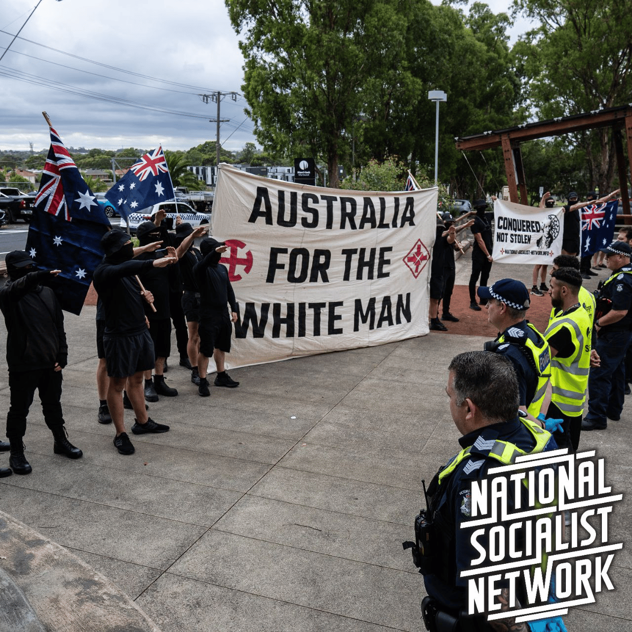Right-Wing National Socialist Network Members Protest on Australia Day on Mcmanamey Pedestrian Bridge, Melbourne, Victoria, Australia