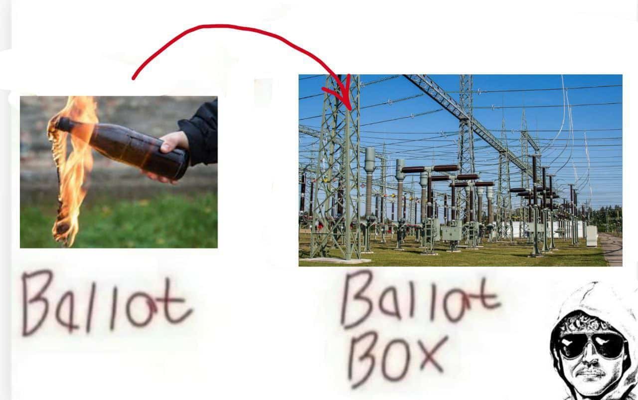 (Right Wing Extremism / Instructional Meme) Terrorgam Telegram Channel Shares Instructional Meme Advocating Molotov Cocktail Attacks on Power Grids - 19 January 2023