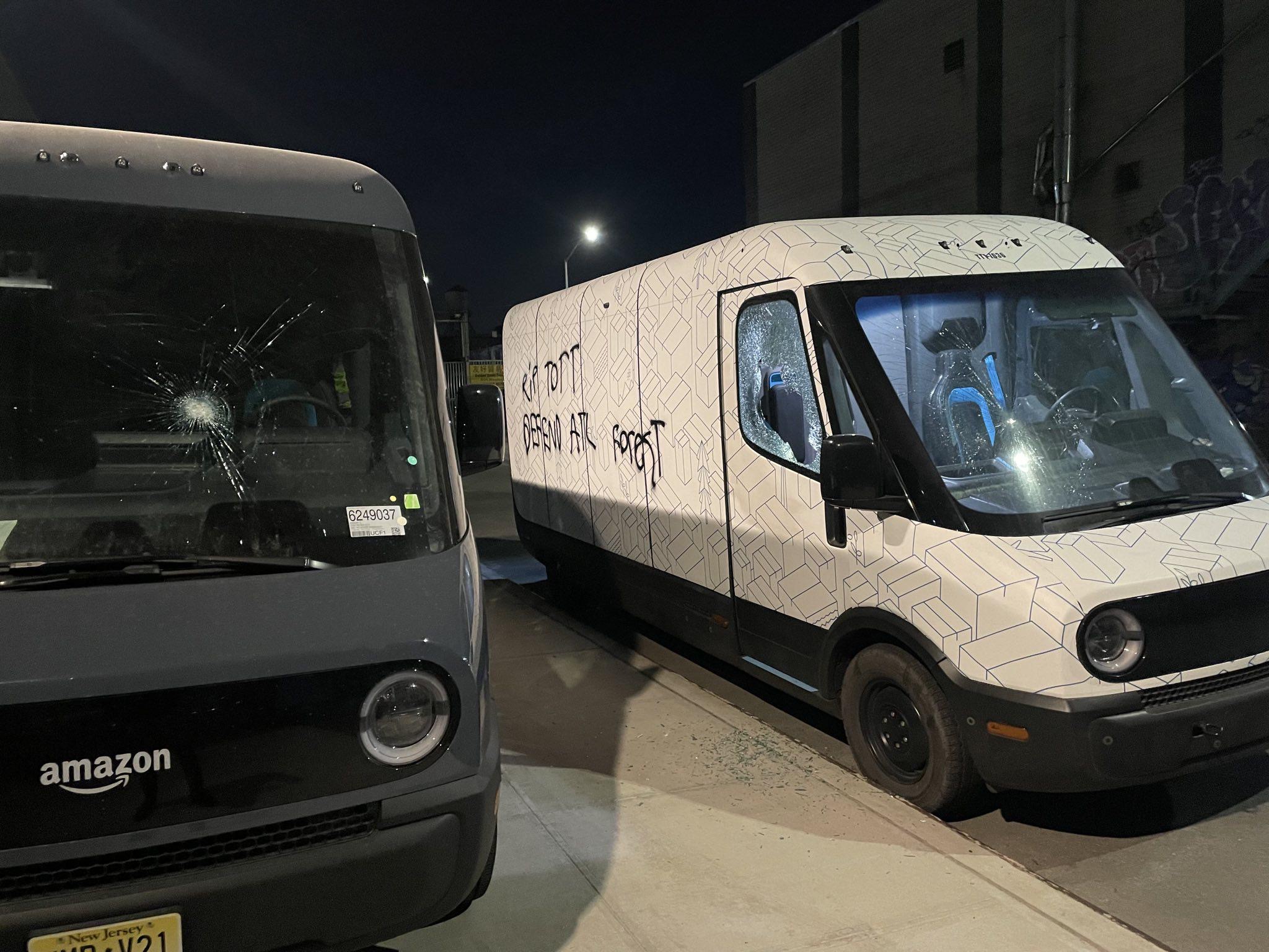 (Claim / Anonymous Anarchist) American Anarchist Vandalised One Rivian & our Amazon Delivery Vehicles, in Solidarity with Atlanta Forest Defenders, in Brooklyn, New York, United States - 2 February 2023