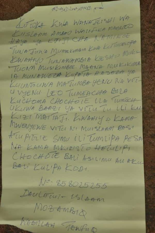 Letter left by Shabaab Cult urging civilians not to flee
