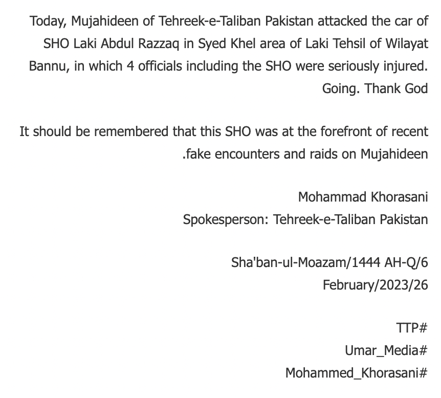 (Claim) Tehreek-e-Taliban Pakistan (TTP) Militants Detonated an IED of the SHO Laki Abdul Razzaq in Syed Khel Area, ​​Lakki Marwat, Bannu Province, Pakistan - 26 February 2023