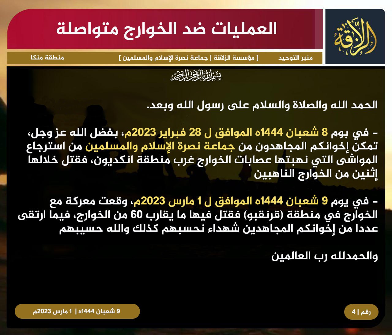 (Statement) az-Zallaqa Media (Jama'a Nusrat al-Islam wa ul-Muslimin / JNIM): "Continuous Attacks on Khawarij (Islamic State Greater Sahara / ISGS)" - 1 March 2023