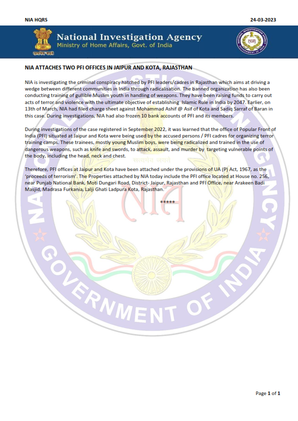 National Investigation Agency (NIA) Attaches Popular Front of India (PFI) Offices in Jaipur and Kota, Rajasthan, India - 24 March 2023