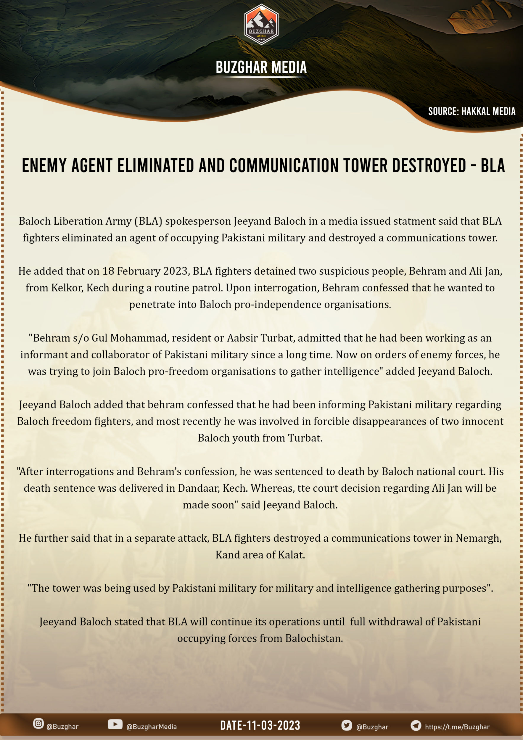 Baloch Liberation Army (BLA) Eliminated 'Pakiatani Agent' in Kech and Telecommunication Tower in Kalat, Balochistan, Pakistan – 11 March 2023