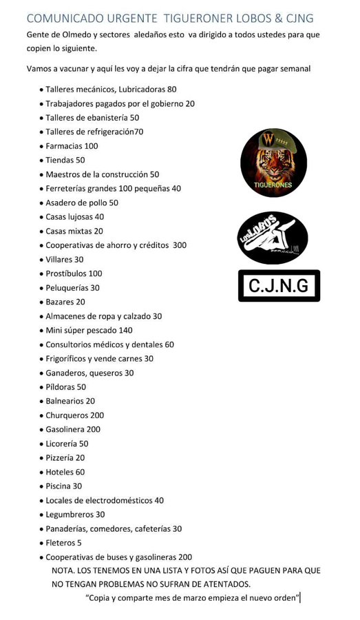 (Photo) Tiguerones, Lobos, and Jalisco New Generation Cartel Criminal Groups Circulate a Protection Price List Intended For Local Business Owners, Olmedo, Manabí Province, Ecuador - 23 March 2023