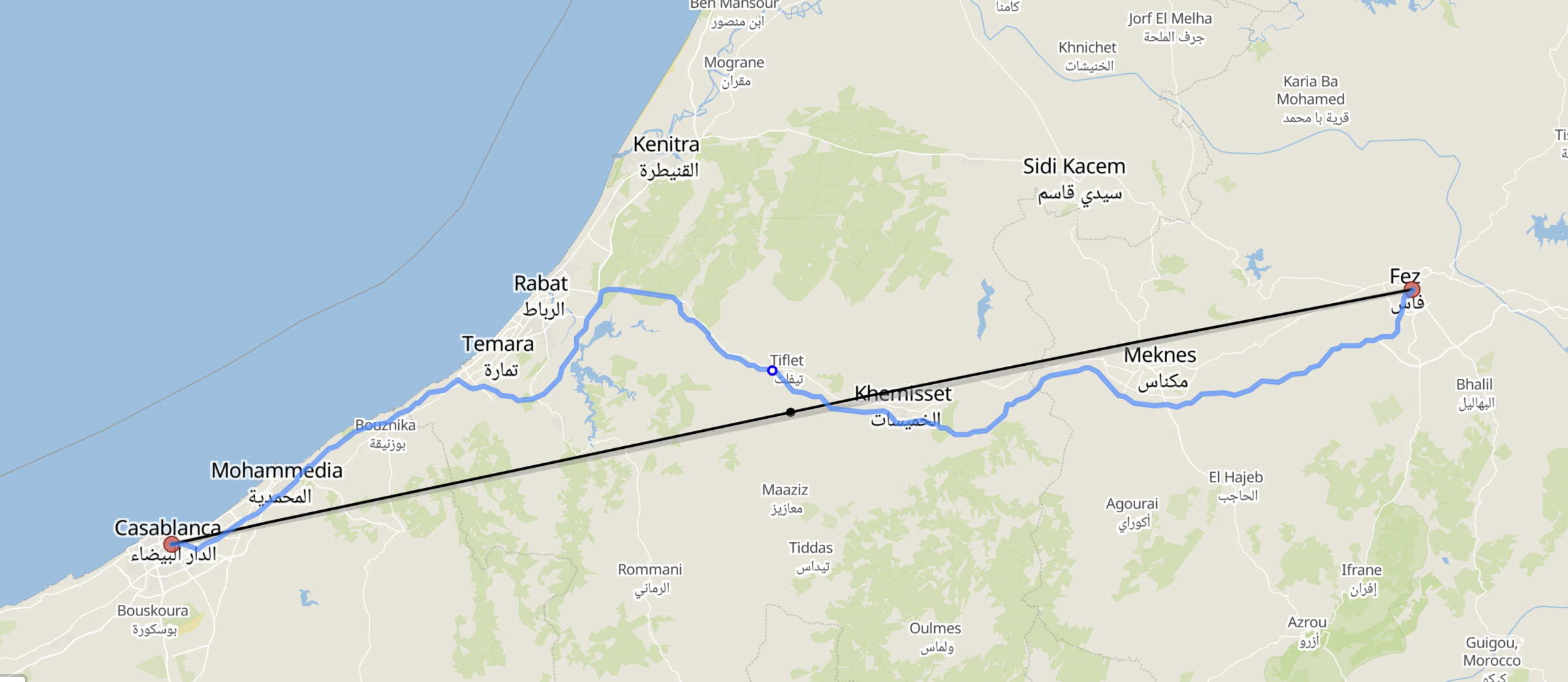 Distance from Casablanca to Fez, Morocco