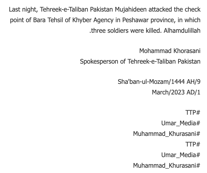 (Claim) Tehreek-e-Taliban Pakistan (TTP) Militants Armed Assault a FC Forces Outpost, in Bara Tehsil, Peshawar, Pakistan – 1 March 2023