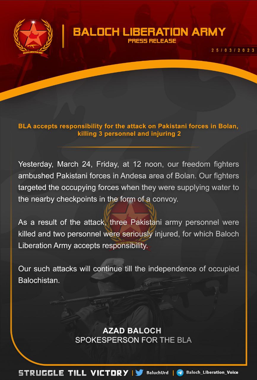 (Claim) Baloch Liberation Army (BLA) Ambushed Pakistani Forces in Andesa Area, Bolan, Balochistan, Pakistan – 24 March 2023 