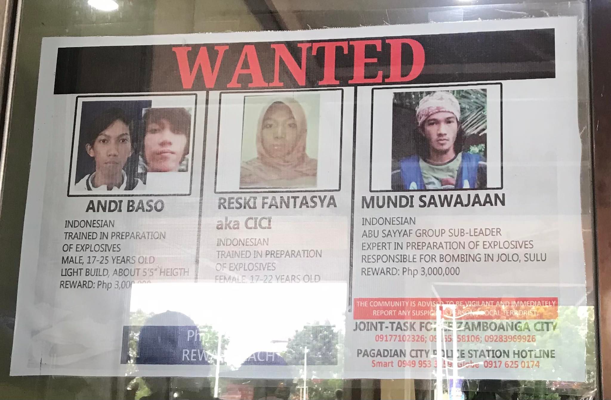 (Poster) Three Indonesian IED-Experts and Abu-Sayyaf Members are Wanted, Zamboanga City and Pagadian City, Philippines - 6 April 2023