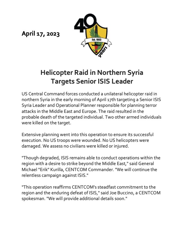 TRAC Incident Report: United State Targets Unnamed Senior Islamic State (IS) Leader in Helicopter Raid, Northeast Syria - 17 April 2023