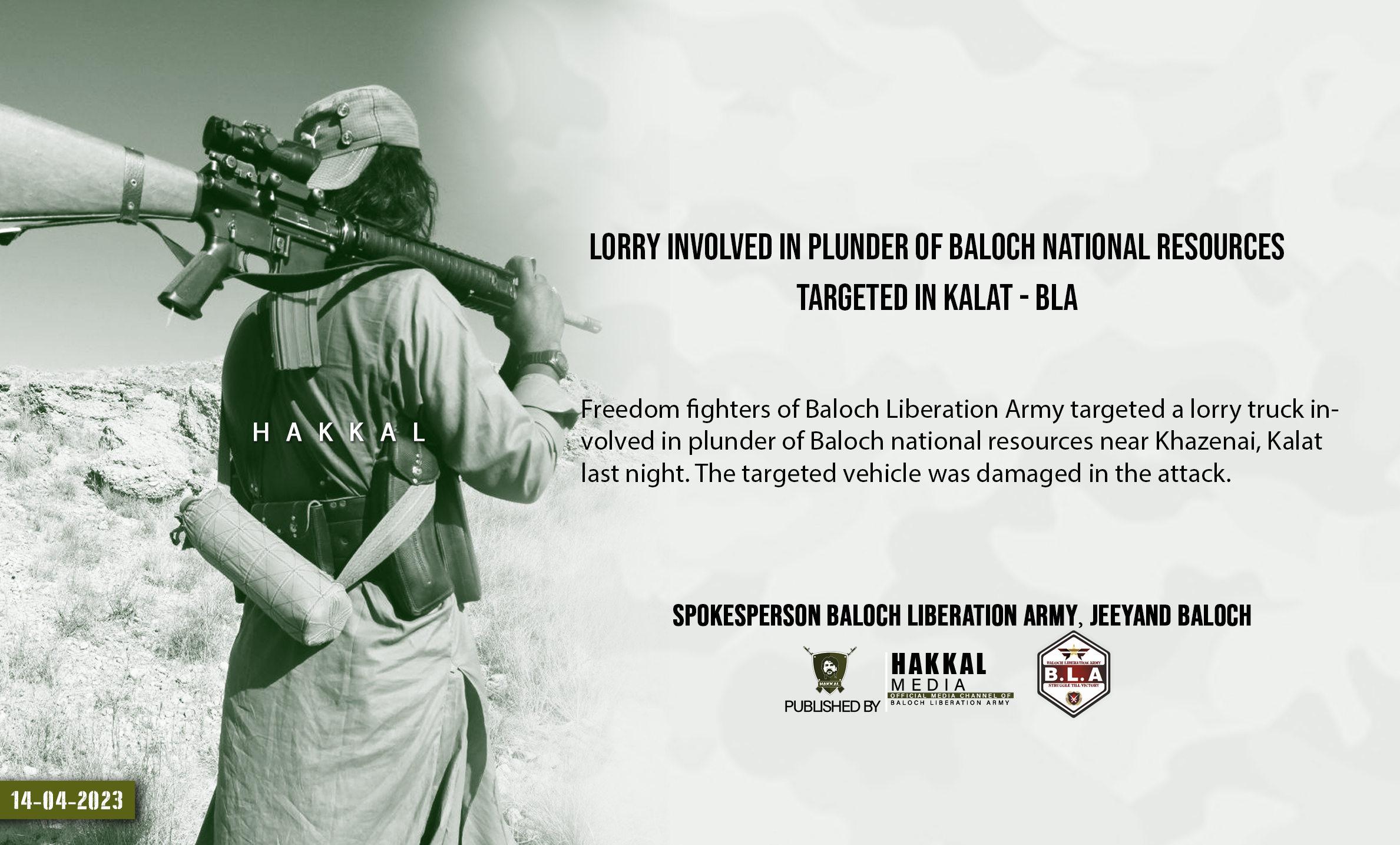 Baloch Liberation Army (BLA) Armed Attack Targeted Truck with Natural Resources in Khazenai, Kalat, Balochistan, Pakistan