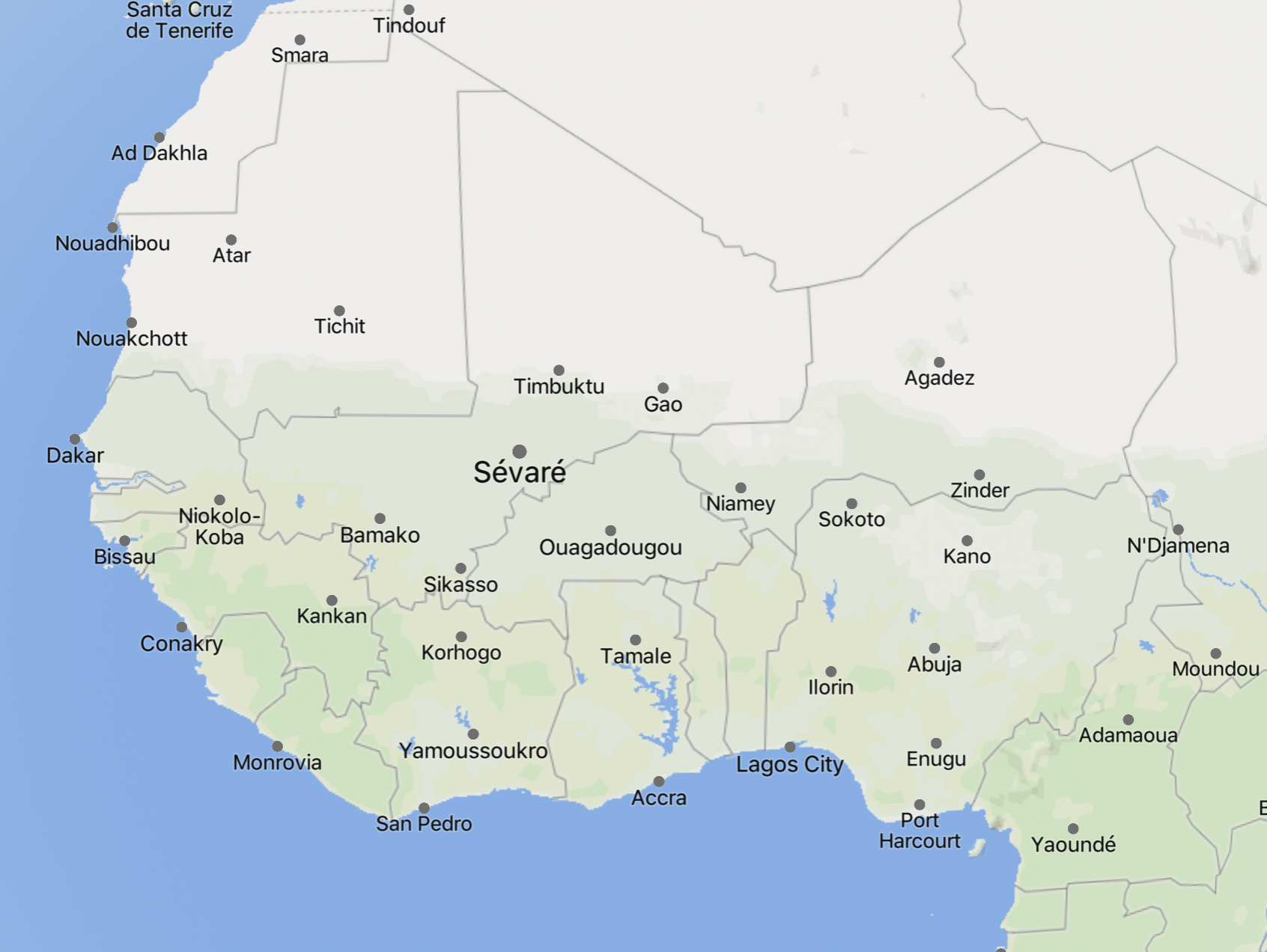 Location of Sevare, Mopti, Mali in relation to Gao and Timbuktu