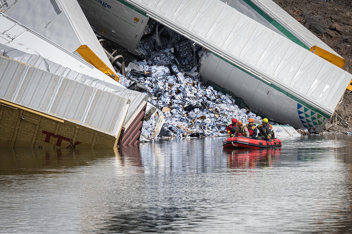Suspicious Freight Train Derailment Result in 25 Carriages Fallen in Clark Fork River, Paradise, Western Montana - 03 April 2023