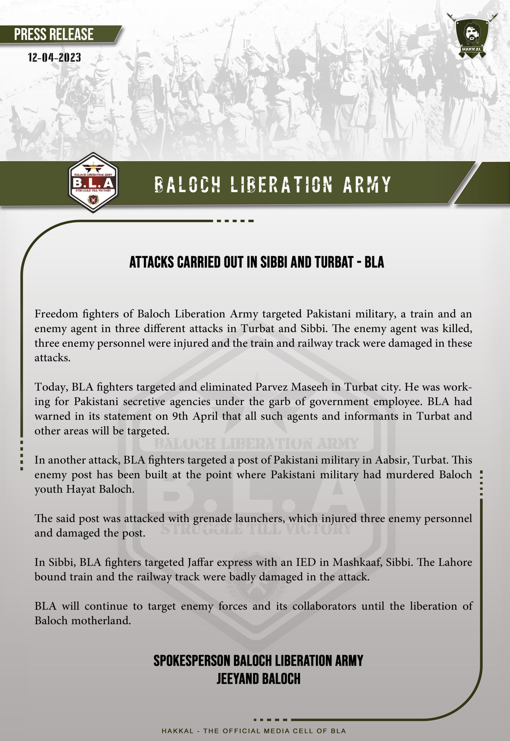 Baloch Liberation Army (BLA) Targeted Military Post with Grenade Attack in Aabsir, Turbat, Balochistan, Pakistan