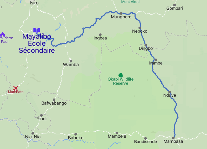 Mayalibo sits some 343km North-West of the closest road on the ISCA road network, Mambasa.