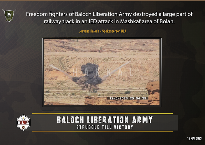TRAC Incident Report: Baloch Liberation Army (BLA) Destroyed Railway Track with IED in Mashkaf, Bolan,Balochistan, Pakistan – 14 May 2023