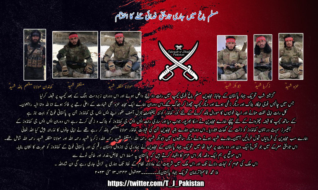 TRAC Incident Report: Six Tehreek-e-Jihad Pakistan (TJP) Suicide Bombers Breached the Pakistan Military Camp, Killing around 40 Soldiers, in Muslim Bagh Town of Kila Saifullah, Balochistan, Pakistan - 12 May 2023