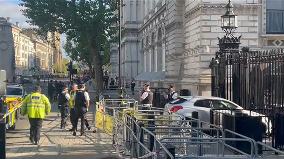 A Car Crashes into the Main Gates of Downing St, Westminster, London, United Kingdom