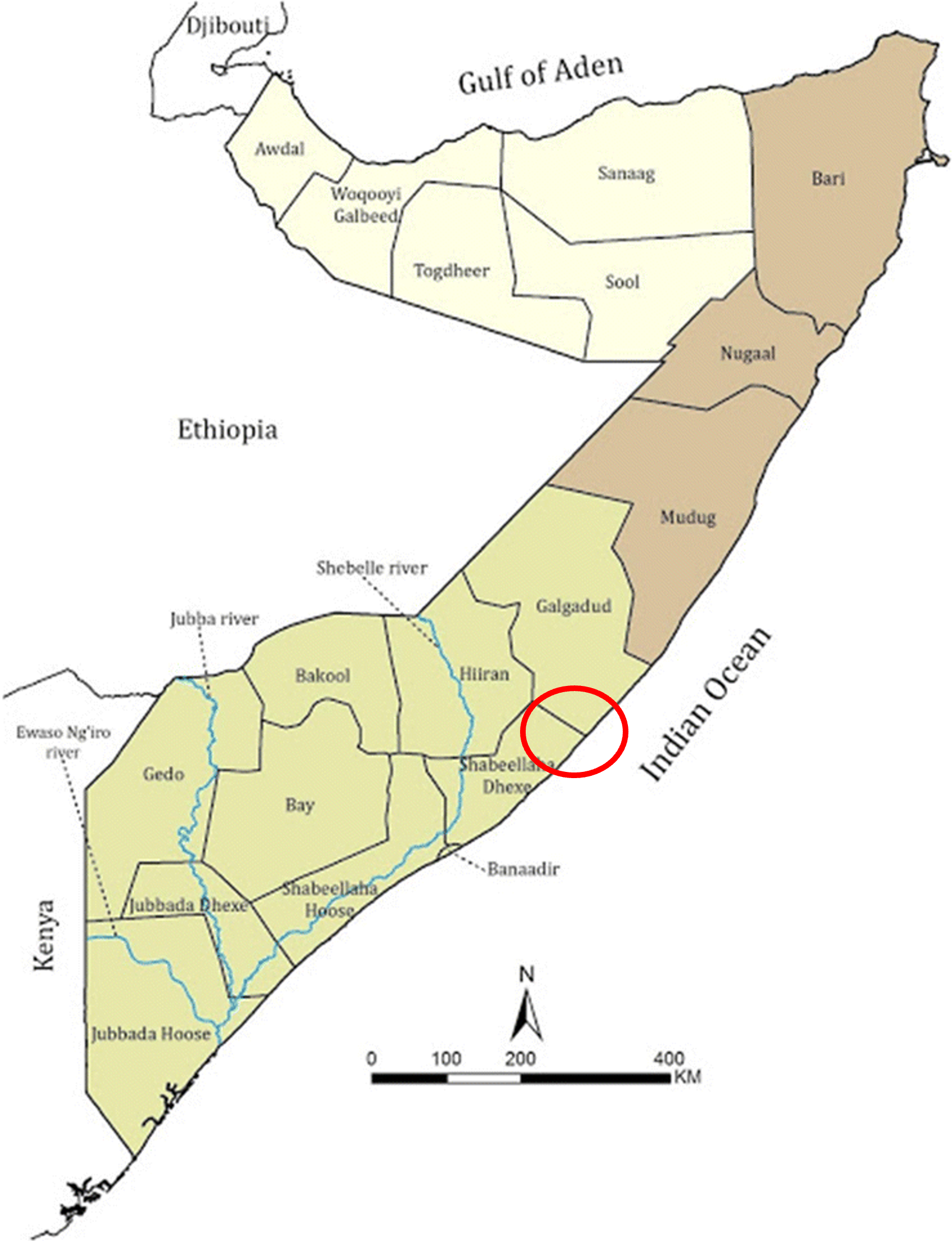 Somalia Map, Attack at the border of Galguduud and Middle Shabelle Provinces