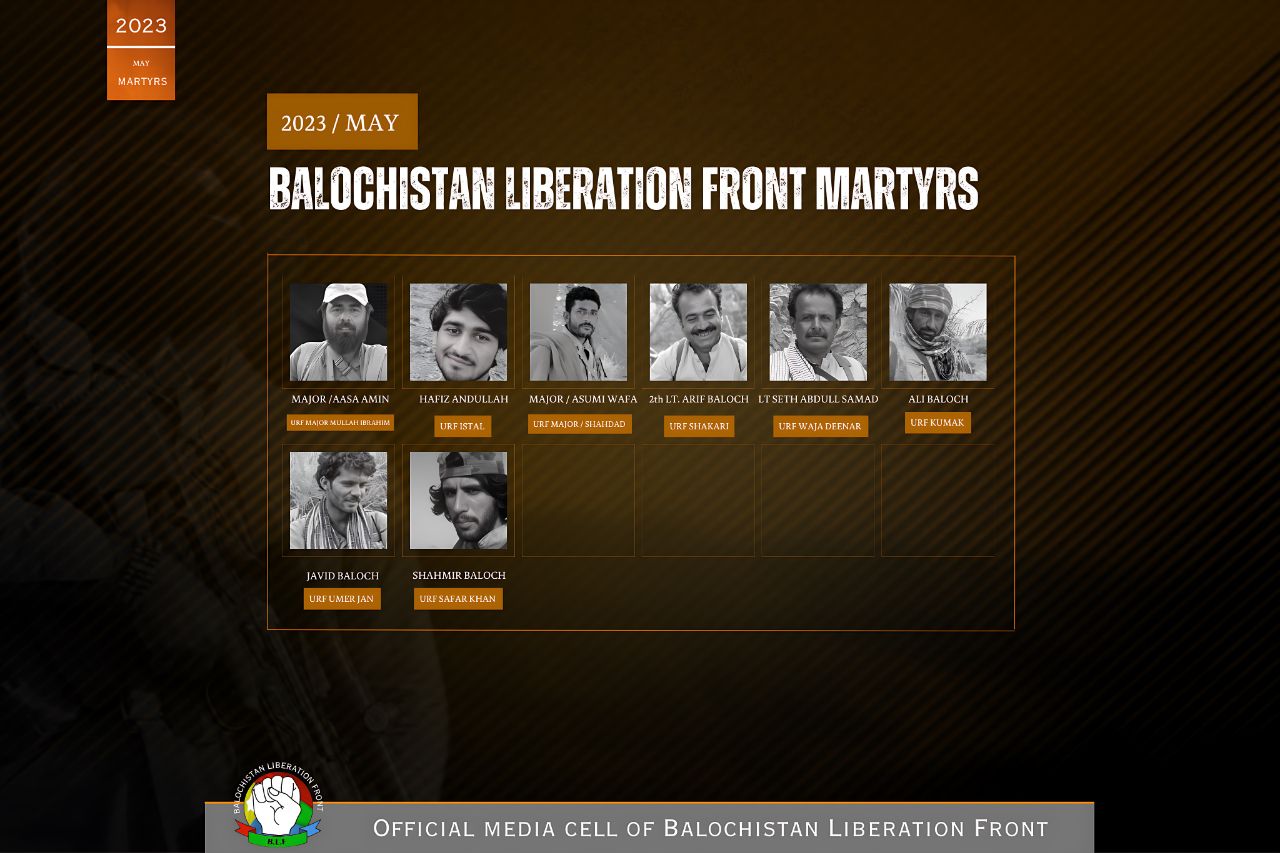 (Poster) Balochistan Liberation Front (BLF) Published List of 'Martyrs' from January 2023 to May 2023 - 30 May 2023
