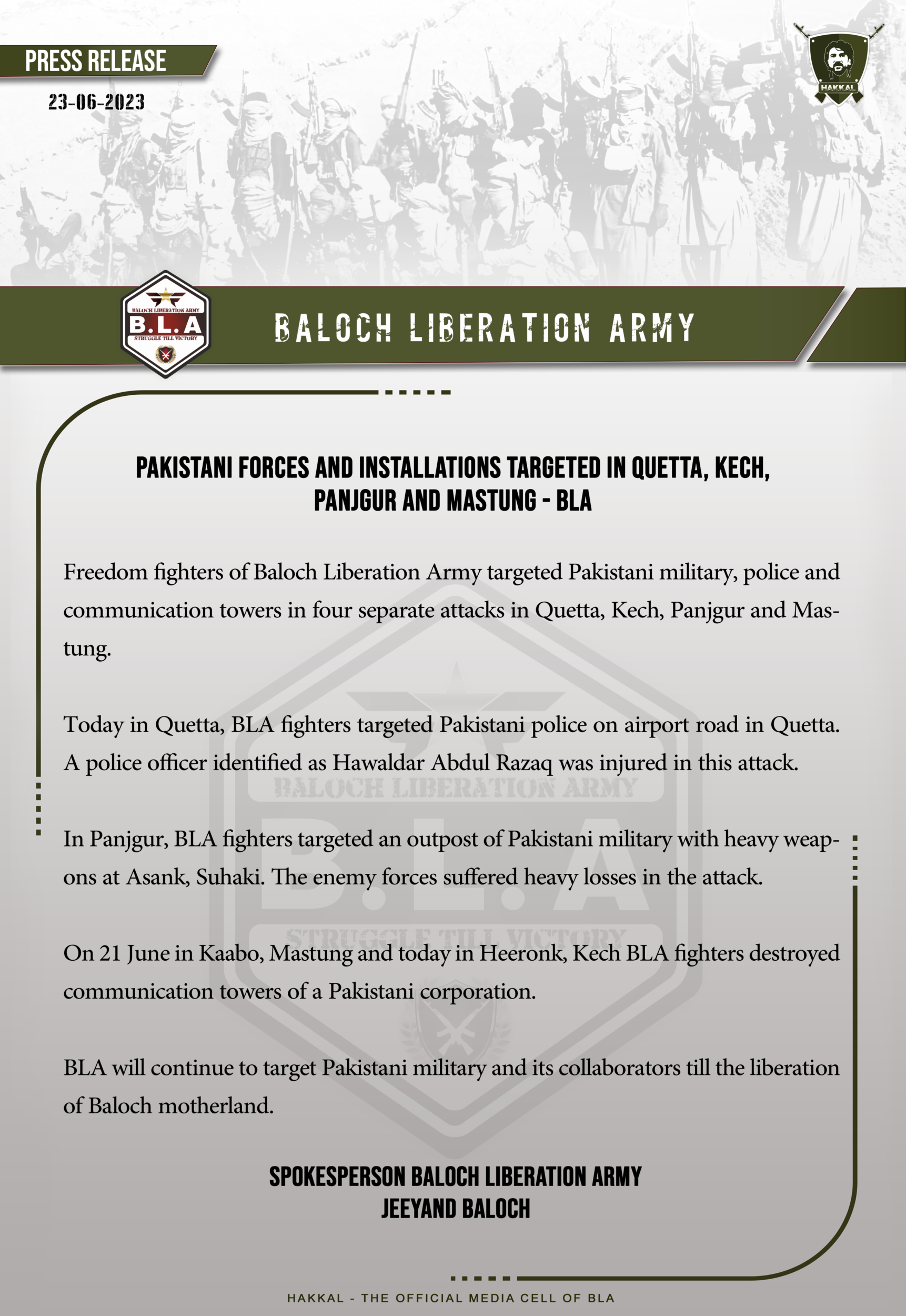 (Claim) Baloch Liberation Army (BLA) Targeted Pakistani Forces and Installation in Quetta, Kech, Panjgur and Mastung, Balochistan, Pakistan – 23 June 2023