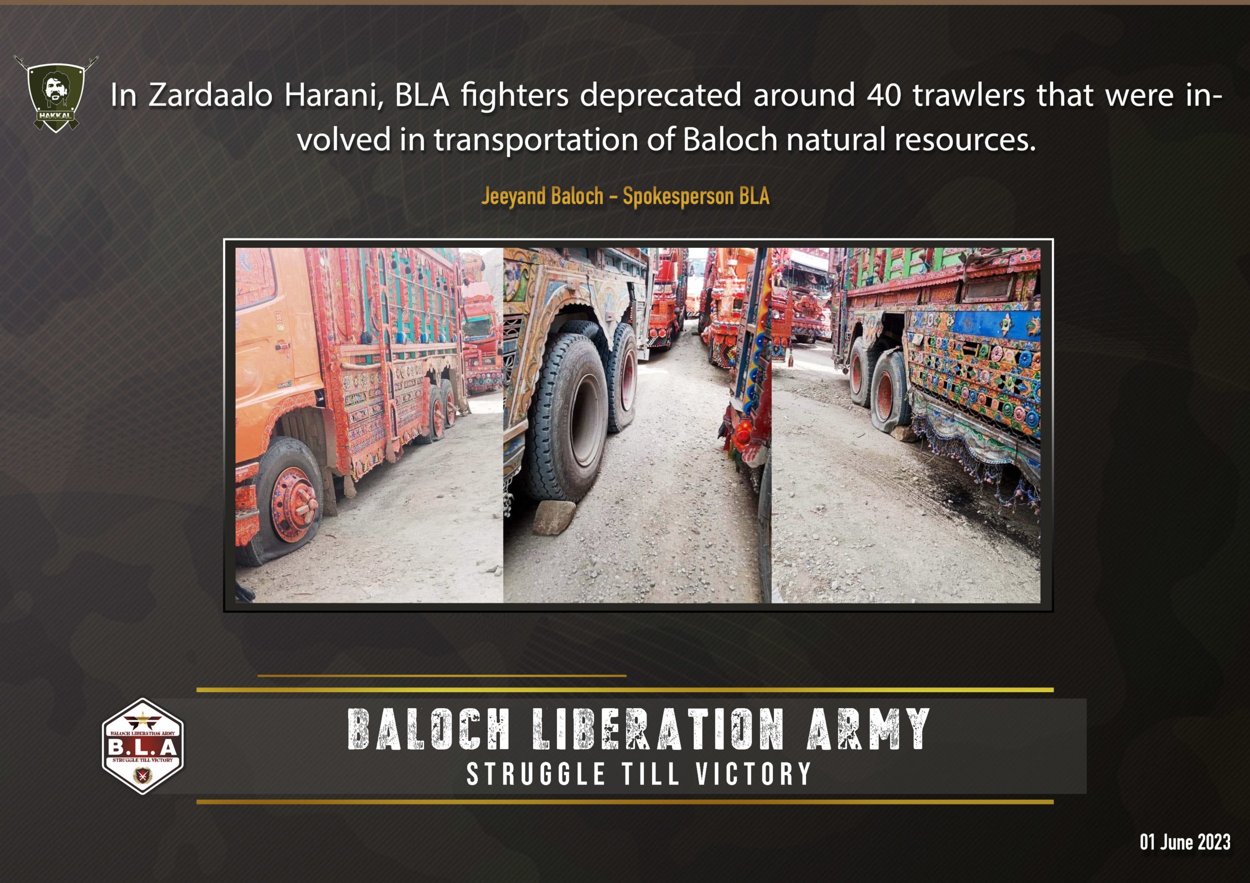 TRAC Incident Report: Baloch Liberation Army (BLA) Blocked the Highway and Attacked around 40 Trucks with Minerals in Zardaloo, Harnai, Balochistan, Pakistan – 31 May 2023