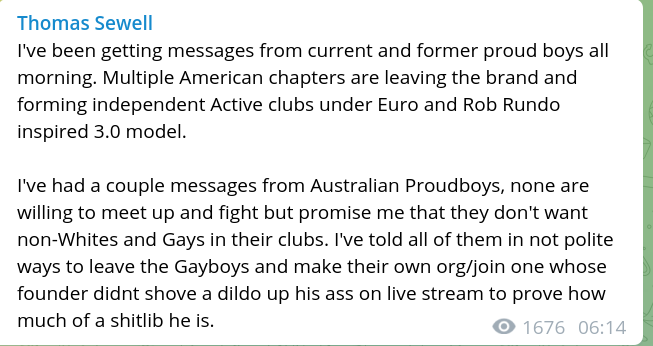 Proud Boys Contact Thomas Sewell, Leader of Australian Neo-Nazi Group National Socialist Network (NSN), Report Leaving Multiple US Chapters to Join European/Rob Rundo-Style Active Clubs, Australia