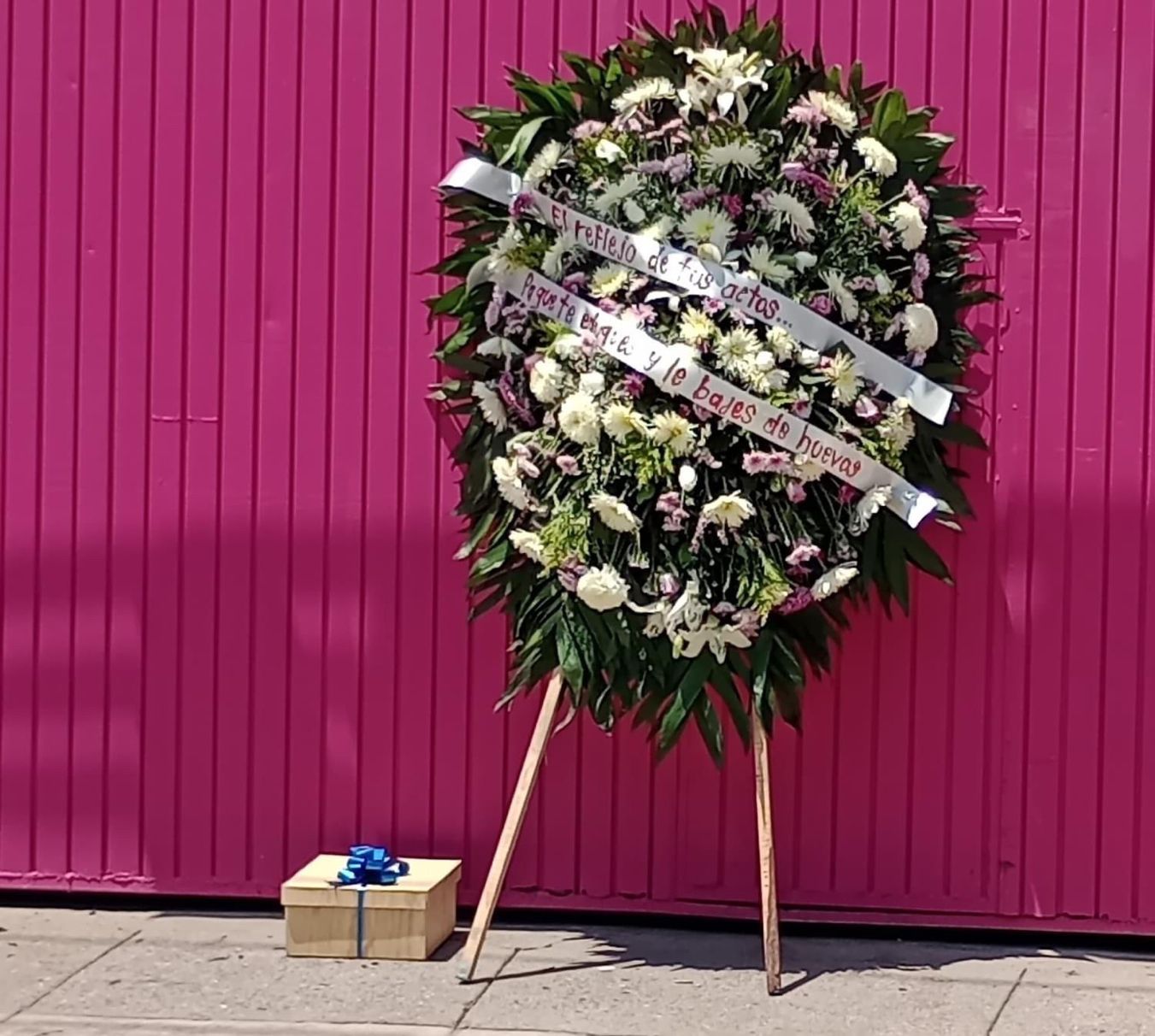 Funeral Wreath with a Narco-Message and a Gift Box Containing Human Genitals Discovered Outside a Flower Shop, Los Mochis, Sinaloa - 17 July 2023