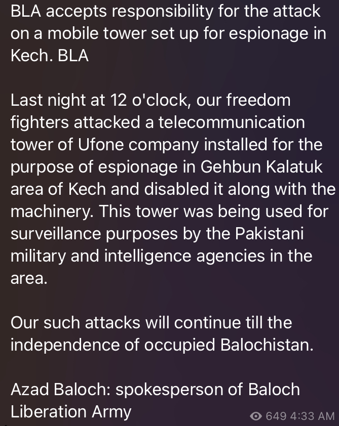 Claim: Baloch Liberation Army (BLA) Destroys Ufone Telecommunications Tower in Kech, Balochistan, Pakistan - 10 July 2023