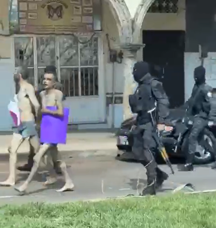 Armed Members of Jalisco New Generation Cartel (CJNG) Exhibit Two Semi-Naked Men Across the Streets of Tepatitlán de Morelos, Jalisco, Mexico - 13 July 2023