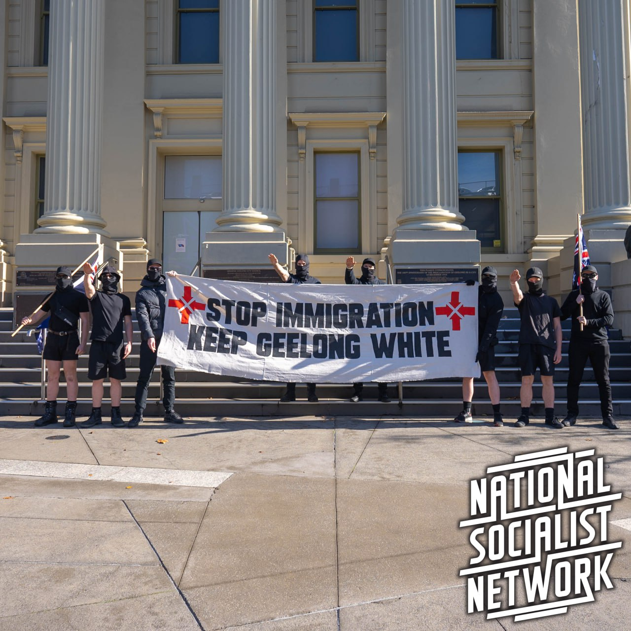 Neo-Nazi Group National Socialist Network (NSN) Perform Sieg Heil During Anti-Immigration Protest in Geelong, Victoria, Australia