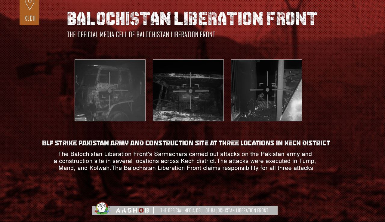 (Claim) Baloch Liberation Front (BLF) Carried Out 3 Armed Assaults on Construction Sites in Kech, Balochistan, Pakistan - 6 August 2023